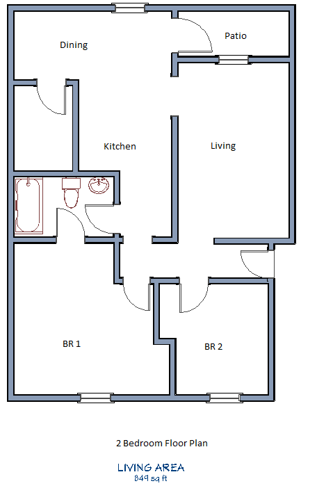Floor plan for 2 beds, 1 bath, 980 sqft